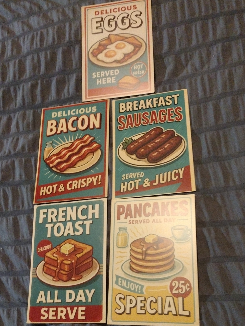 5,Retro Breakfast Art Signs. Eggs, Bacon, Sausages, French Toast, Pancakes